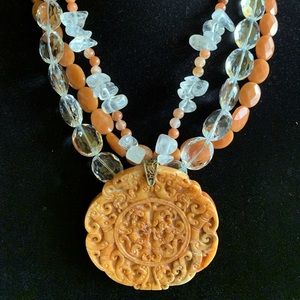 Carnelian, crystal carved disk necklace